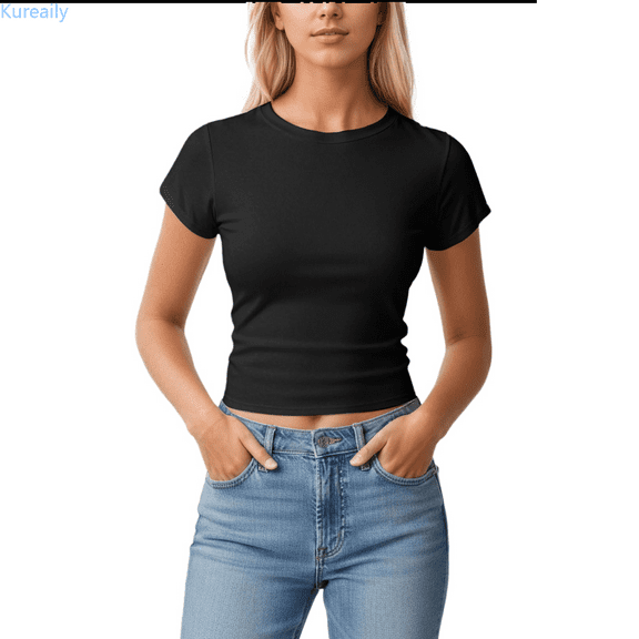 Kureaily Casual Slim Fit Pure Color T Shirt Basic Streetwear Tee Top For Daily Wear And Layering Tees T-Shirts for Women