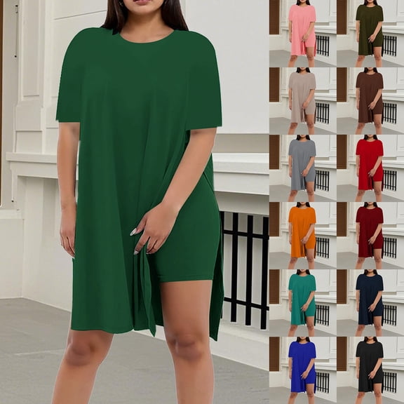Shadoumai Women Plus Size 2 Piece Outfits Short Sleeve Tunic Tops and Biker Shorts Sets Tracksuits