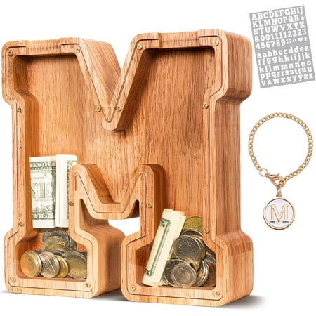 Wooden Letter Piggy Bank, Personalized Initial Piggy Bank for Kids Boys, Clear Alphabet M Wood Money Box, Unbreakable Coin Saving Jar, Birthday, for Children