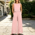 thumbnail image 5 of Women 2 Piece Lace Matching Outfit Set, Sleeveless Round Neck Lace Crop Top High Waist Wide Leg Pants with Floral Hollow Hem Casual Party Vacation Tracksuit Pink S(S), 5 of 7