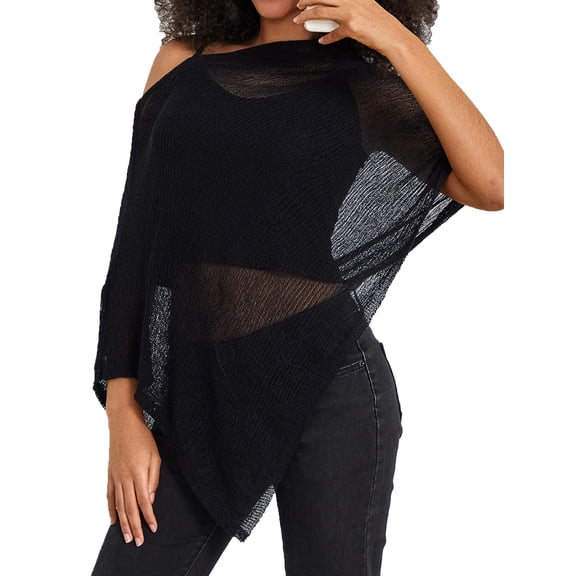 Women Sheer Poncho Top Lightweight Knit Crochet Shrug Bolero Mesh Batwing Sleeve Sweater Cover Up Beachwear