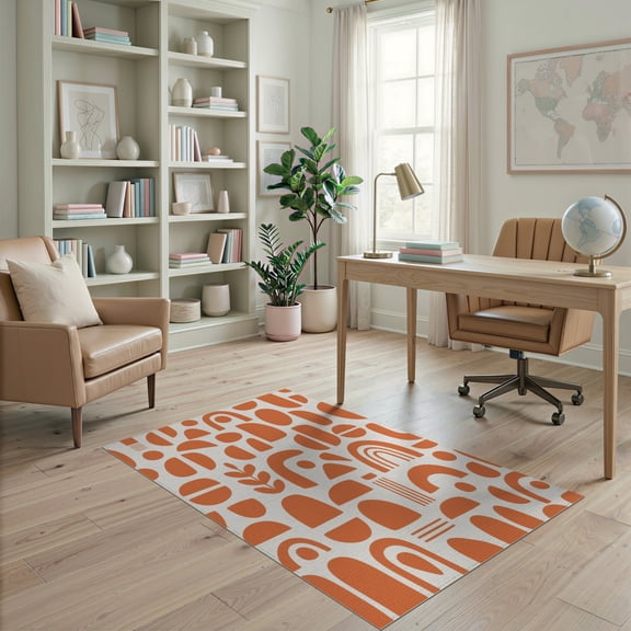 ODIKA 4'x6' White Orange Mid-Century Geometric Design Washable Area Rug Abstract Shapes with Retro Modern Appeal for Dorm Room, Small Living Stain Resistant Low Profile, Easy Care