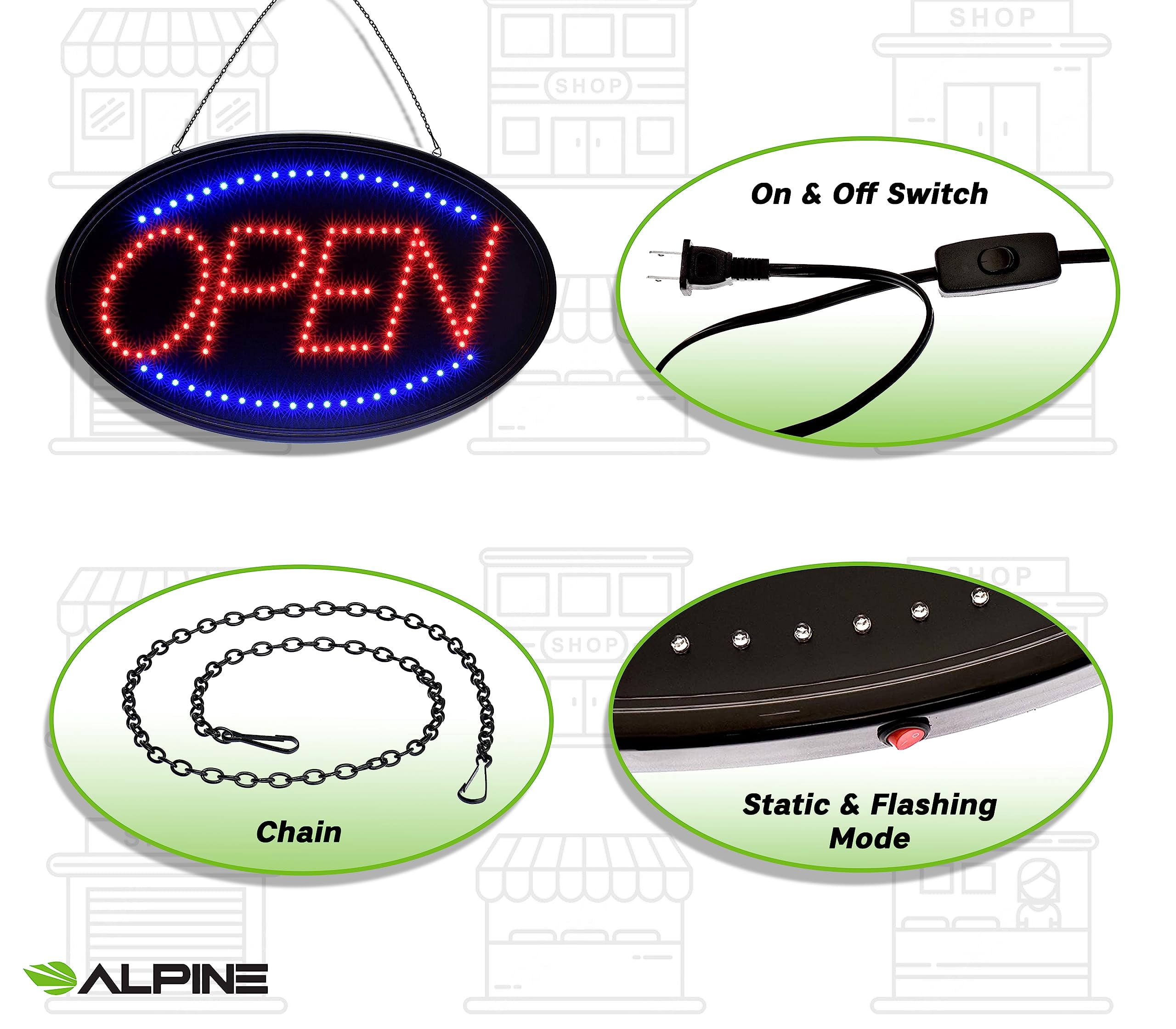 Alpine Led Open Signs for Business Window - Flashing High Visibility Lighted Open Led Sign, Electric Store Open Sign to Hang in Store, Restaurant, Bar, Barber Shop (Oval, 23" X 14")