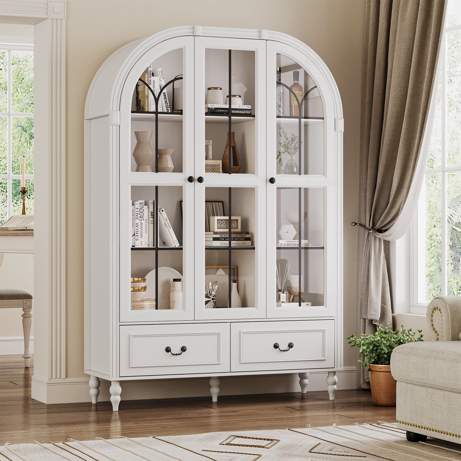 LERANO 70.8'' Tall Arched Kitchen Pantry Cabinet, Modern Display Cabinet with Glass Doors and Adjustable Shelves