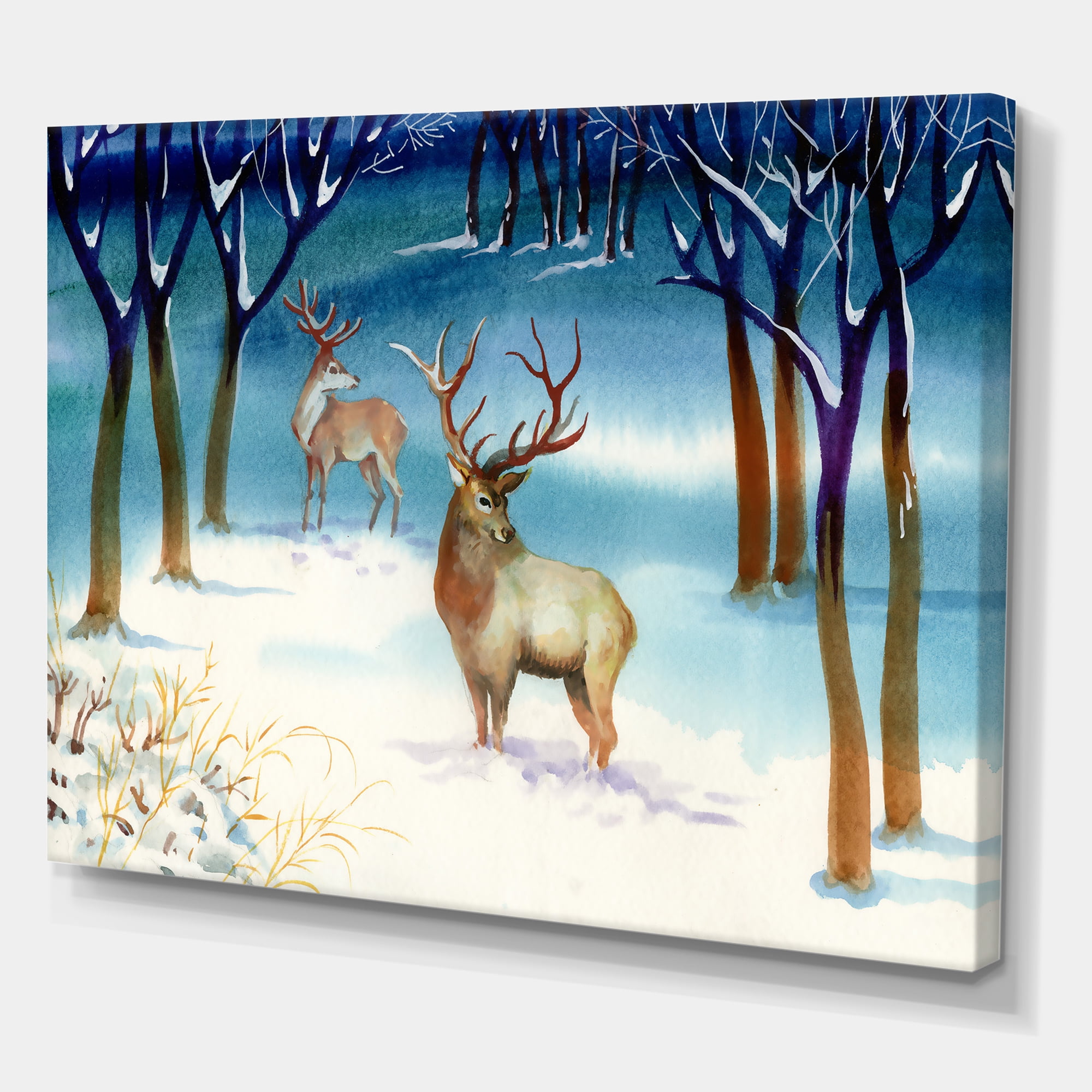 Deers With Winter Landscape 12 in x 8 in Painting Canvas Art Print, by Designart