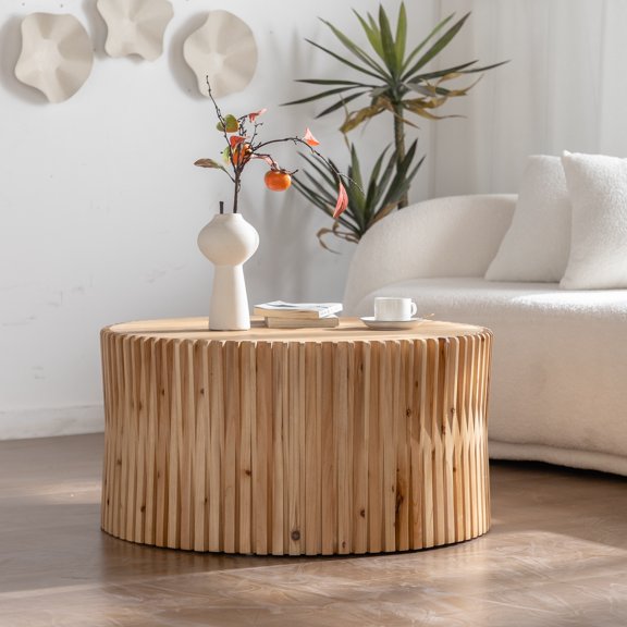Dasun 31.5" Retro Fashion Style Cylindrical Coffee Table with Vertical Texture Relief Design,Suitable for Living Room,Office,and Dining Room