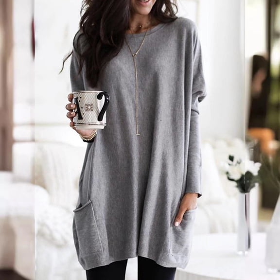 Adeawade Womens Tshirt Round Neck Long Sleeve Loose Fit Solid Color Fashion Tee Clothes Xl Grey