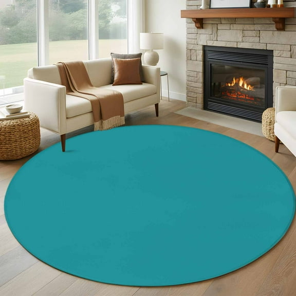 Teal 7ft Round Rug, Farmhouse Solid Turquoise Color Modern Art Non-Skid Rubber Backing Large Area Rugs - Living Room Bedroom Home Office, Indoor Floor Mat Carpets Washable Rug