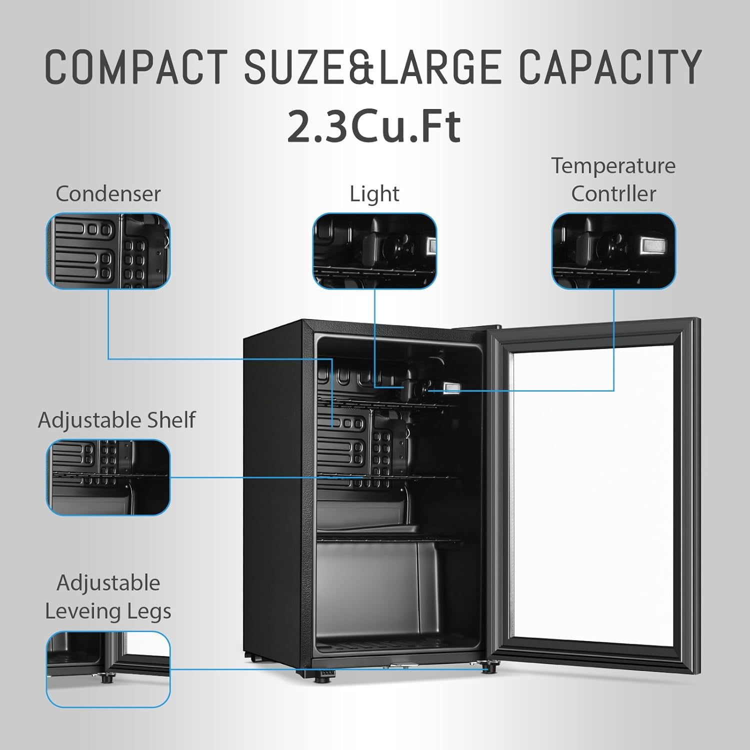 HUMSURE 80 Can Freestanding Beverage Refrigerator, 2.3 cu.ft Drink Fridge with Glass Door, LED Light