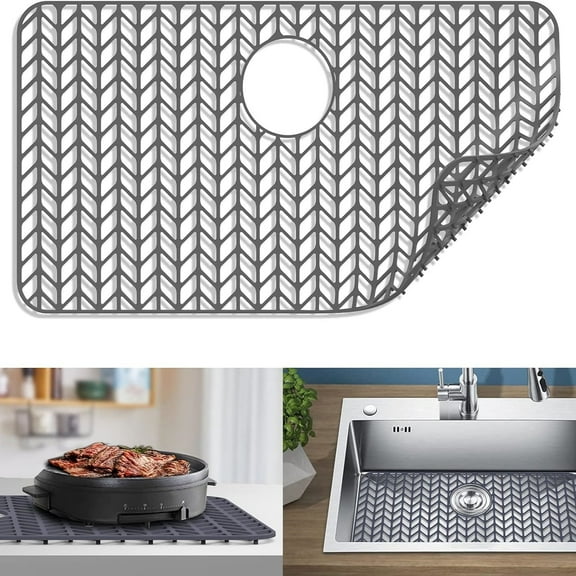 YOYAHATEM Silicone Sink Protector, 26'' x 14'' Folding Non-Slip Sink Mat for Farmhouse Sink with Rear Drain, Grey
