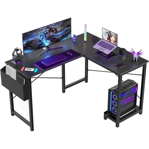 Nextay L Shaped Computer Desk - Gaming Table Corner Desk 50 Inch PC White Writing Desk Study Desks with Wooden Desktop CPU Stand Side Bag Reversible for Home Office Room Small Space,Black