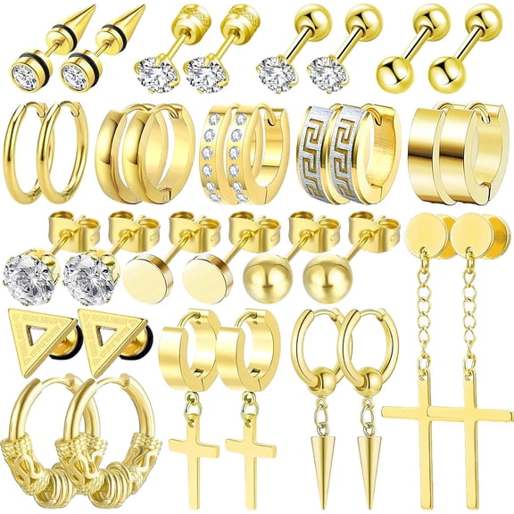 DESIGNICE 17 Pairs Earrings for Men,Stainless Steel Earrings for Men Sensitive Skin,Fashion Earring Piercing Jewelry Cross Dangle Hoop Earrings Kit Studs Long-Lasting Shine
