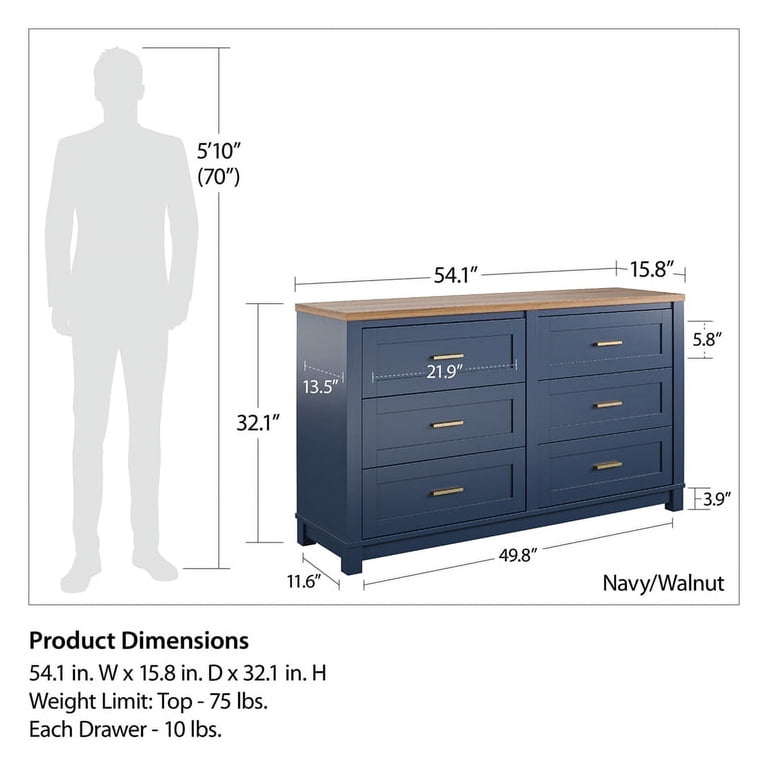 Ameriwood Home Chapel Hill 6 Drawer Wide Dresser, White with Light Brown  Woodgrain Top - Walmart.com
