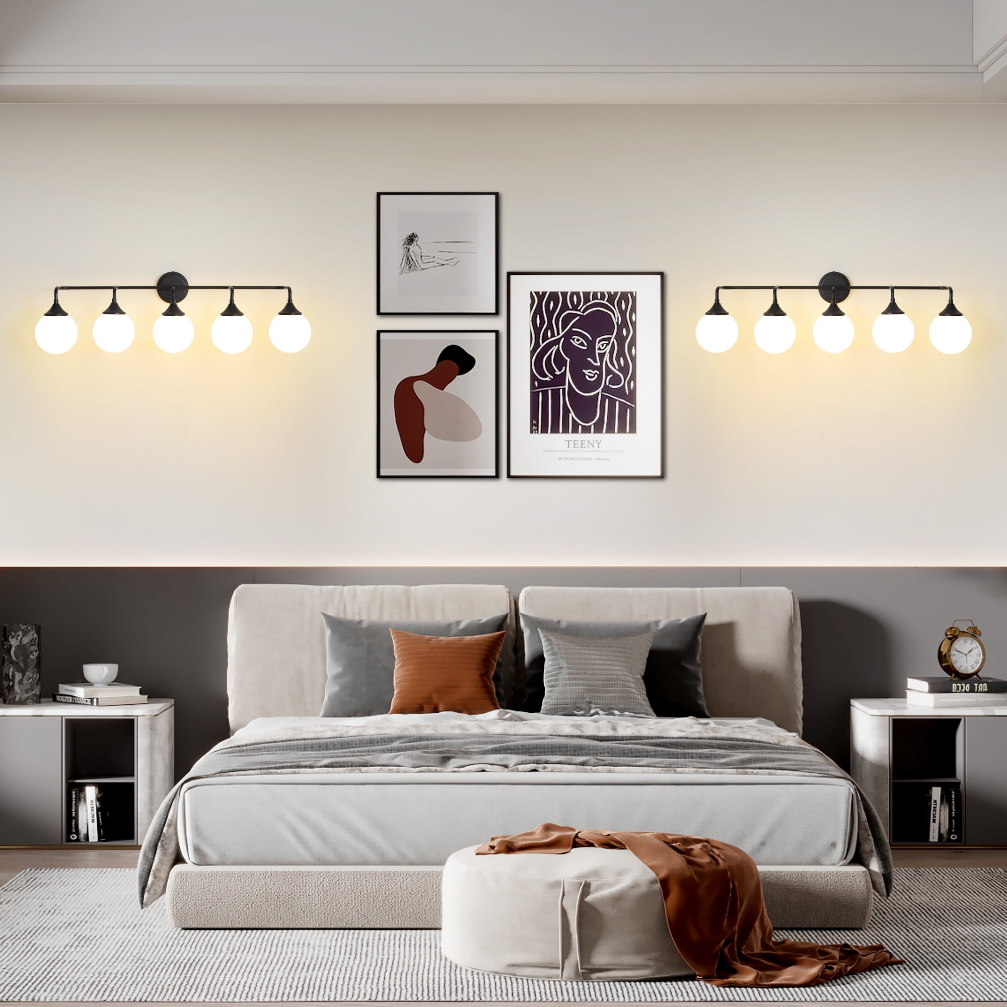 Deyidn 5-Light Black Modern Vanity Light, 39 Inch Dimmable Bathroom Light Fixture with Opal Glass Globes for Mirror