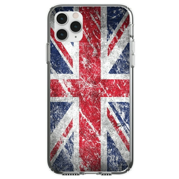 DistinctInk Clear Shockproof Hybrid Case for iPhone 11 Pro MAX (6.5" Screen) - TPU Bumper, Acrylic Back, Tempered Glass Screen Protector - Red White Blue British Flag Weathered - Love of the UK