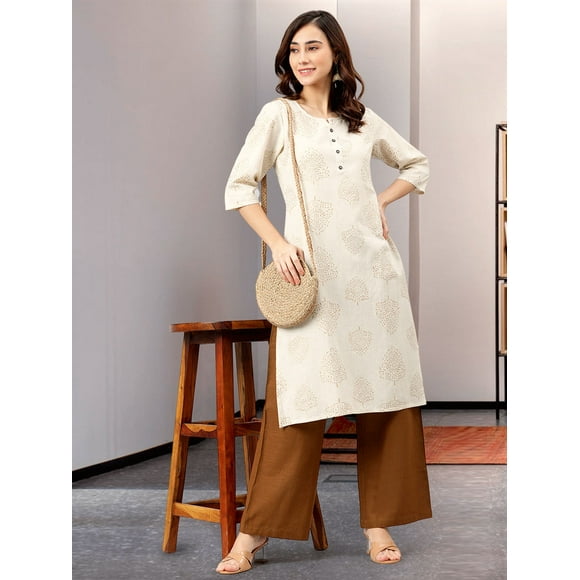 Beige Cotton Flex Kurta With Palazzo Set