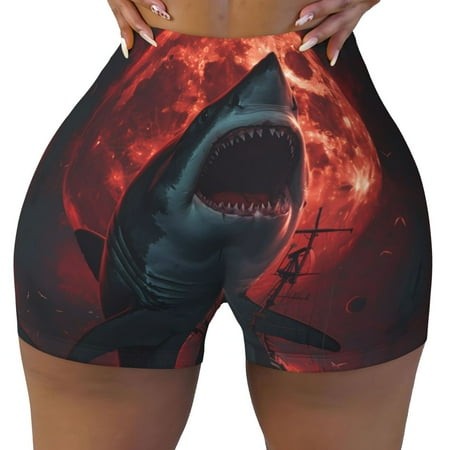 Workout Shorts Women  Red Moon Shark Sailboat Biker Shorts for Women Running Gym Spandex Shorts Tummy Control