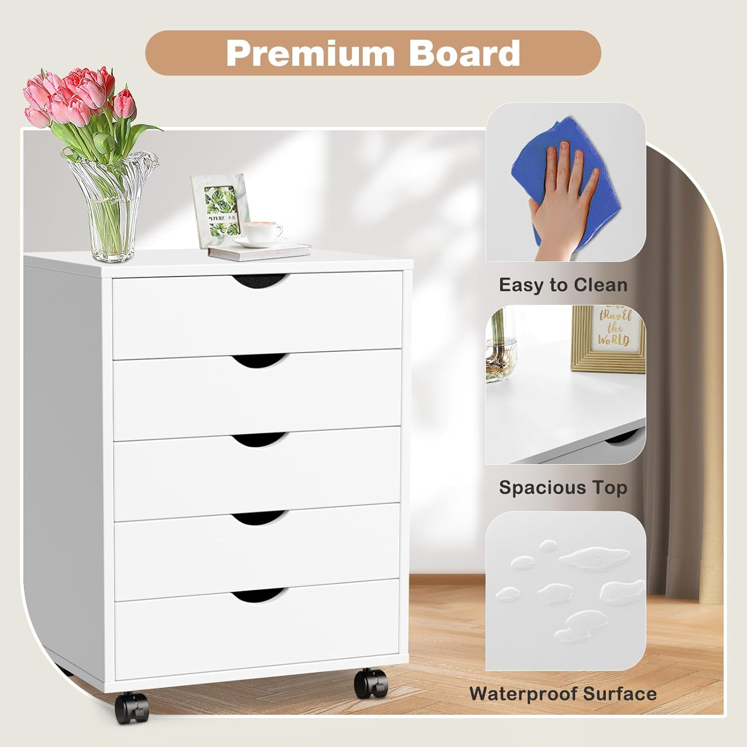 5 Drawer Storage Organizer, 25.39'' Height File Cabinets Dressers With Wheels, Wood Underdesk Cabinet For Home Office, Bedroom, Study, White