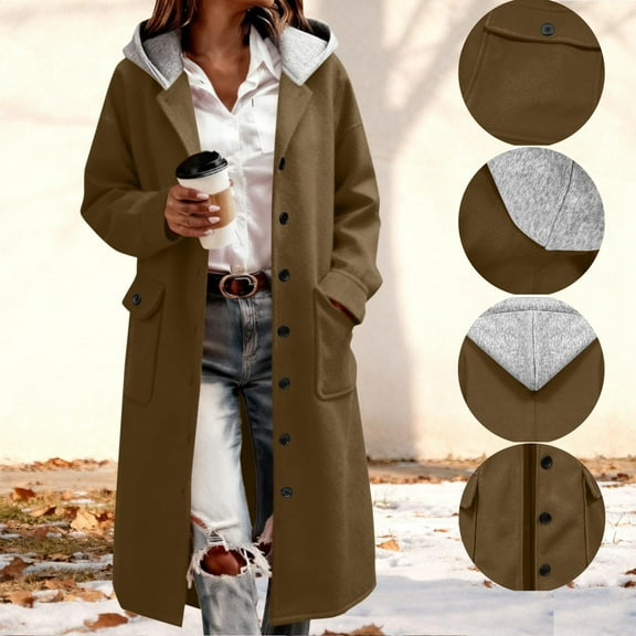 Trench Coat for Women with Hood Flannel Jackets Plus Size Casual Long Outerwear Winter Fall Oversized Windbreaker New Fashion Jackets for Women Brown XL