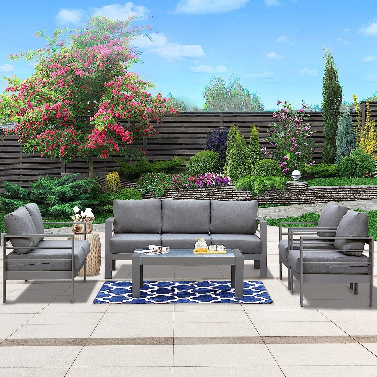 Superjoe 5 Pcs Outdoor Aluminum Furniture Set 7 Seats Patio Sectional Chat Sofa Set Metal Conversation Sofa with 5 Inch Cushion and Coffee Table for Balcony, Garden, Dark Grey