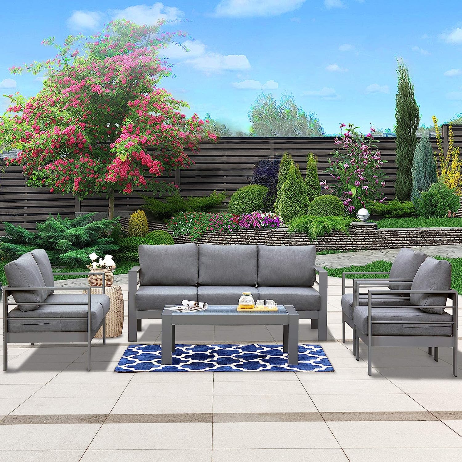 Superjoe Pcs Outdoor Aluminum Furniture Set Seats Patio Sectional Chat  Sofa Set Metal Conversation Sofa with Inch Cushion and Coffee Table for  Balcony, Garden, Dark Grey