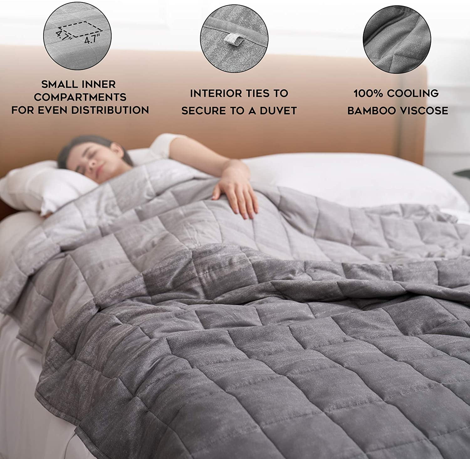 A Duvet Included White, 80x87 25lbs YnM Bamboo Weighted Blanket — Cooling Bamboo Oeko-Tex Certified Material with Premium Glass Beads 110~190lb Persons Sharing Use on Queen/King Bed