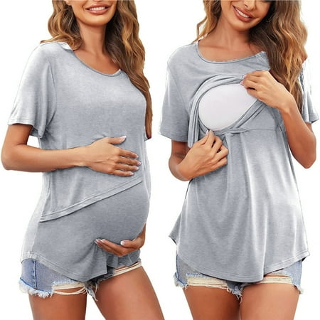 

Quealent Maternity Clothes For Women Womens Maternity Short Sleeve Crew Neck Solid Color Asymmetrical Nursed Tops T Shirt For Gray Small