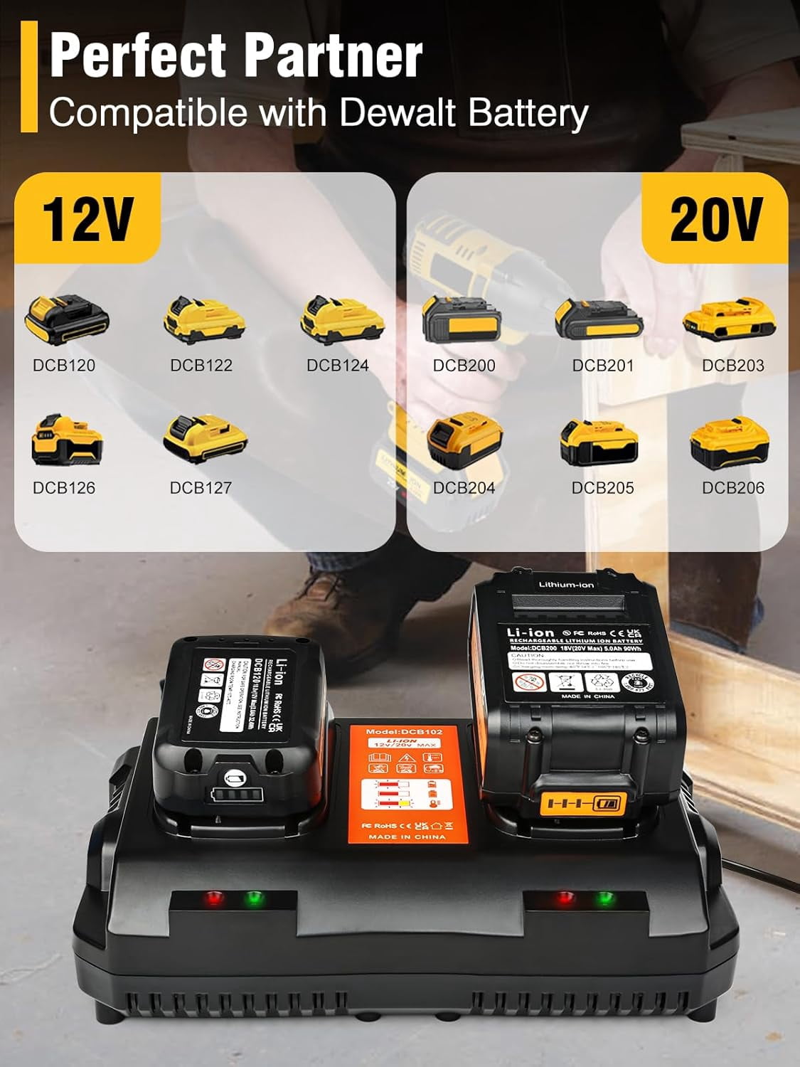 Abeden DCB102 Dual-Ports Battery Charger Compatible DeWalt 12V 20V Max Lithium Battery