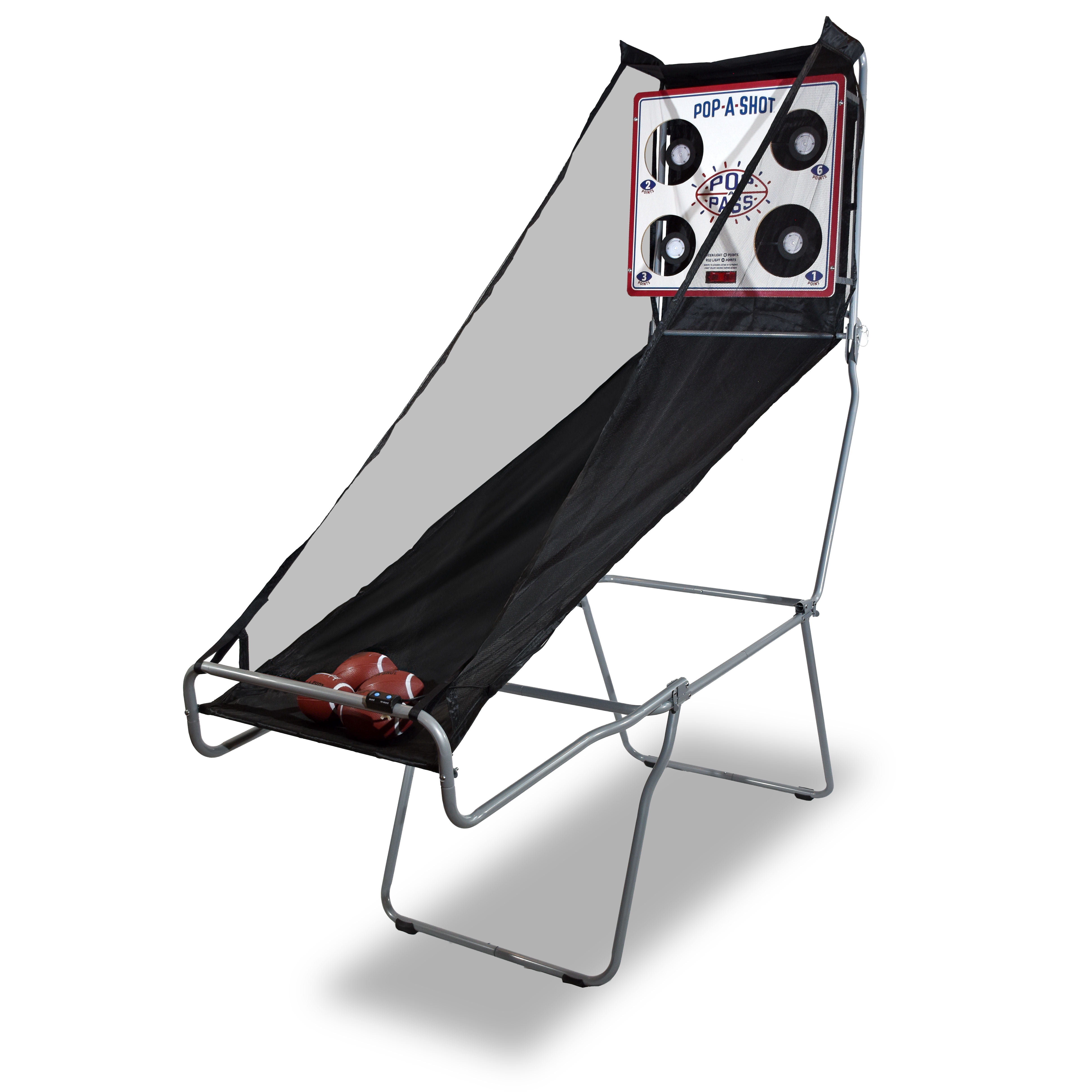 Pop-A-Shot | Official Pop-A-Pass Electronic Arcade Football Toss Game | 4 Inflatable Mini Footballs | Foldable, Portable, Tote Bag Included