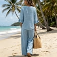 thumbnail image 4 of Stralyhd Womens Summer 2 Piece Lounge Sets Breathable Linen Blend V Neck Front Placket Top Relaxed Wide Leg Pants Travel Outfit Light Blue S, 4 of 4