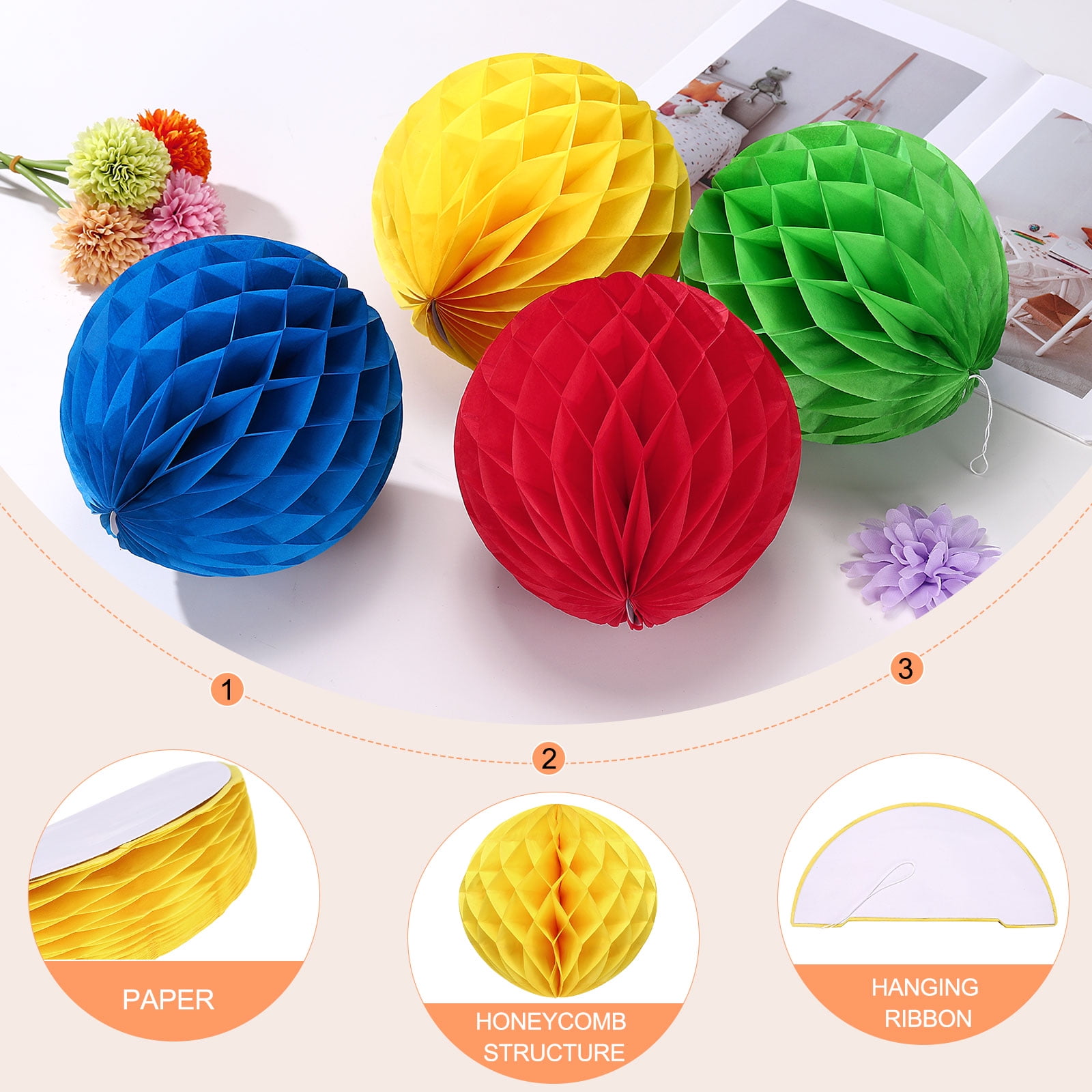 Uxcell 8 Pcs Honeycomb Balls, 10" Dia Honeycomb Flower Paper Pom Poms Paper Flowers Crafts for DIY Crafting Home Decor Birthday Christmas Party, Yellow