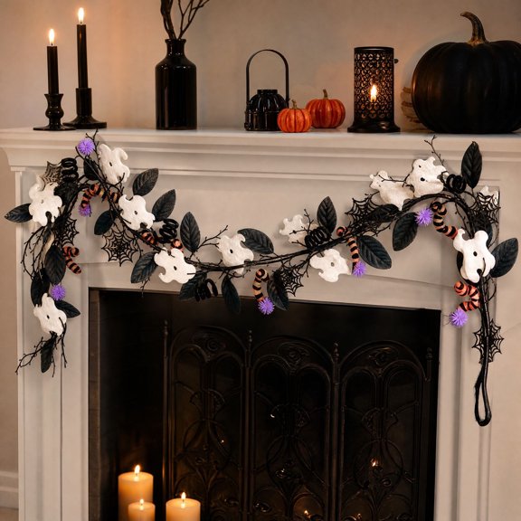 Halloween Decor Black Garland with Ghosts and Spider Webs 13.78 Inch Artificial Vine for Indoor Home Wall Mantel Decor