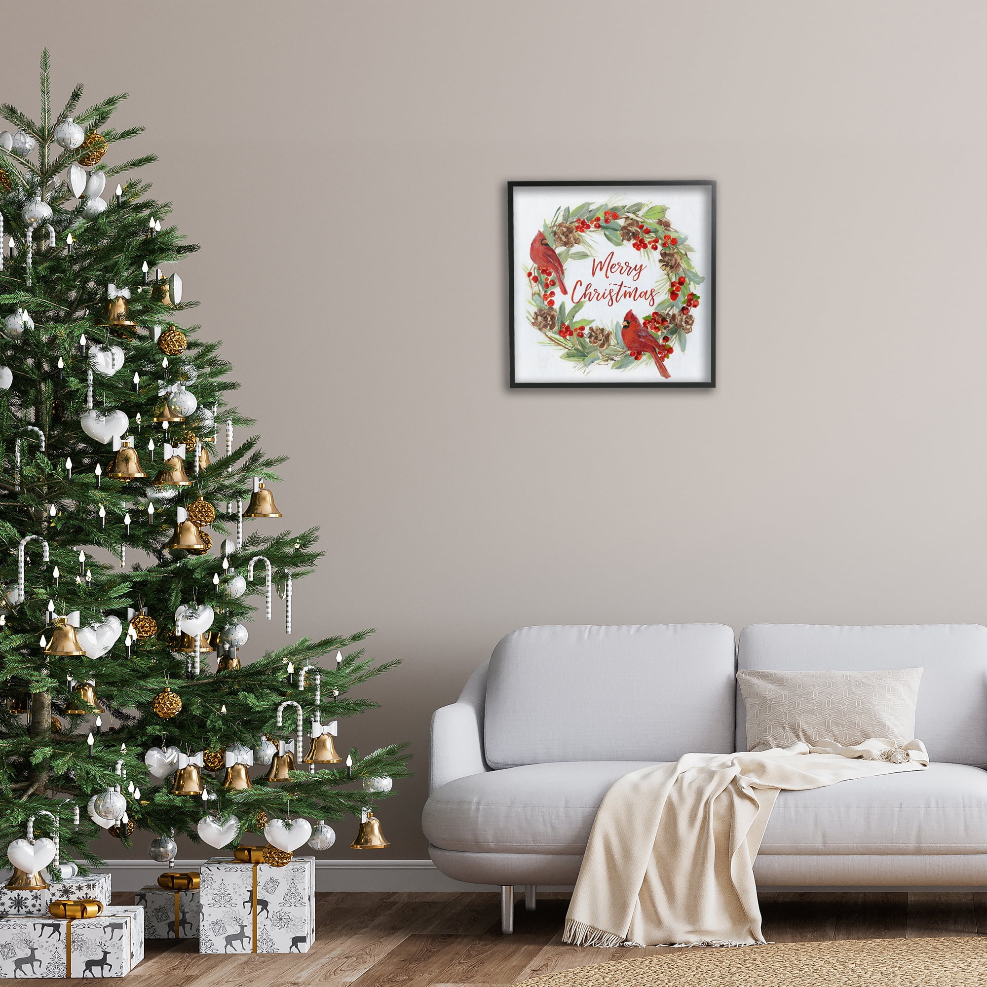 Stupell Industries Cardinals & Merry Christmas Holiday Painting Black Framed Art Prints Wall Art, 24 x 24