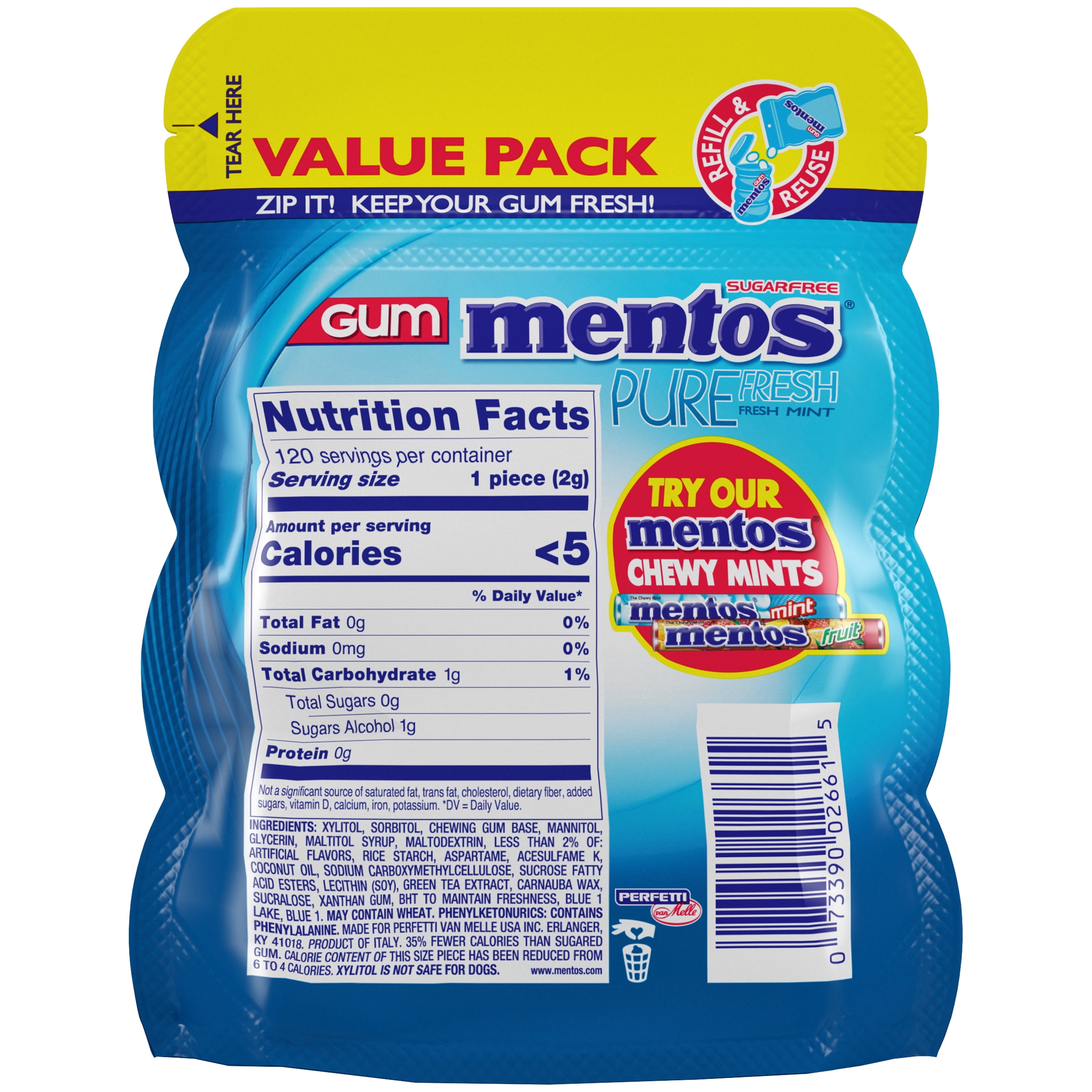 Chewing gum mentos pure fresh sans sucre goût tropical - 100 g