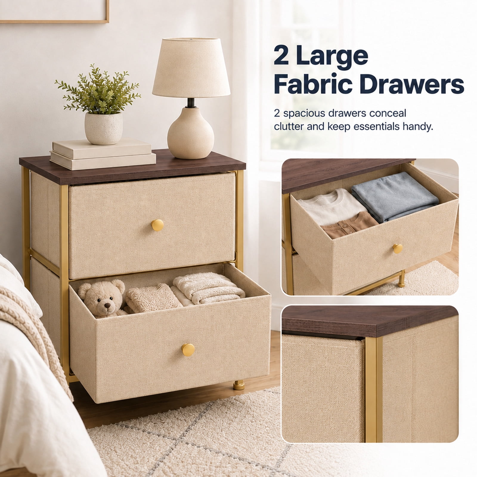 Alvantor Nightstand with 2 Storage Drawers, Small Bedside Table, Small Dresser with Sturdy Wooden Top for Daily Essentials, Compact Nightstand for Bedroom and Small Spaces