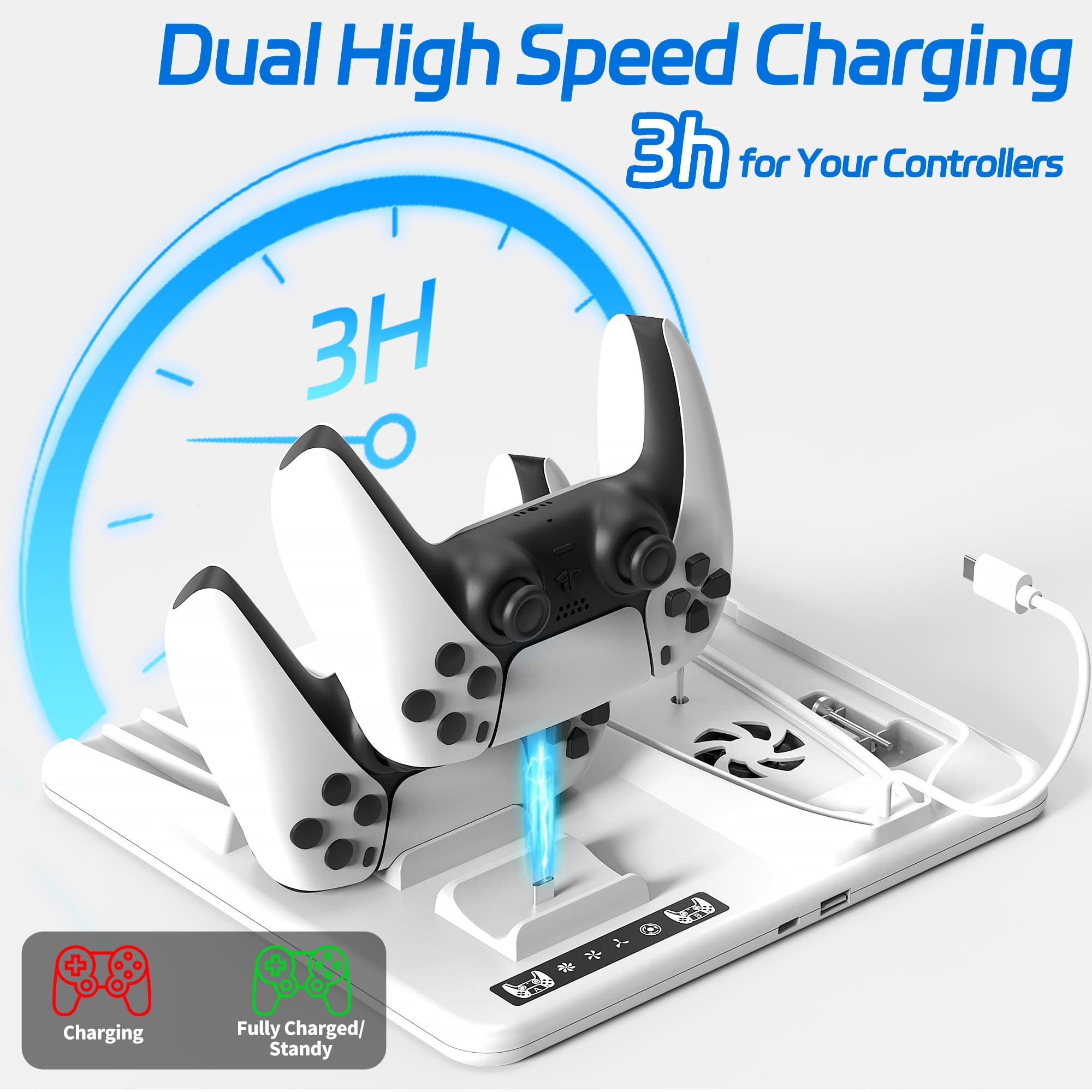 PS5 Slim Stand and Turbo Cooling Station with Controller Charging Station for Playsation 5, PS5 Accessories Kits, with 2 Controller Chargers, 3 Levels Fan, 6 Game Disc Slots, Headset Holder