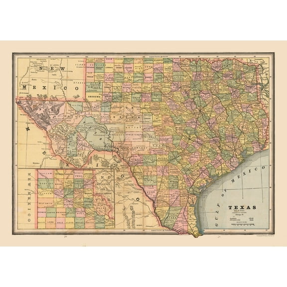 Historic State Map - Texas - Cram 1888 - 32.04 x 23 - Vintage Wall Art