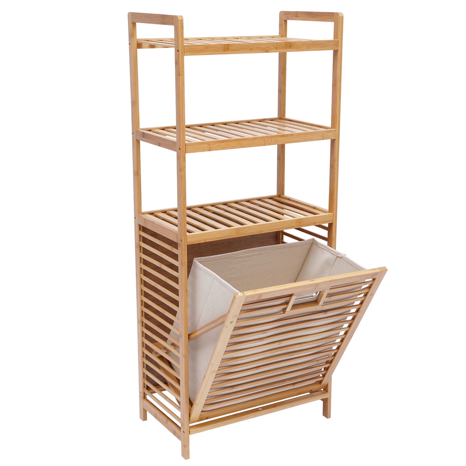 Bamboo Laundry Hamper W/ 3 Fixed Shelves Bathroom Storage Shelving