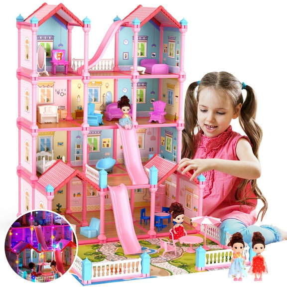 JoyStone Play Dollhouse with Doll Toy Figures, 14 Rooms Furniture and Colorful Lights, Creative Doll House Gift for Girls Ages 3 , Assemble Required, Pink