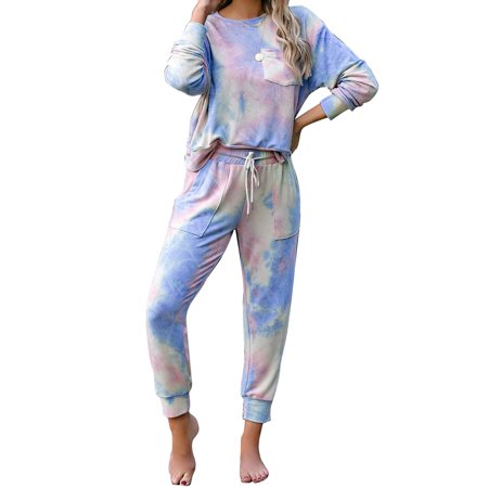 

Plnotme Womens Tie Dye Pajamas Set Long Sleeve Top with Front Pocket Sleepwear Trousers Soft Casual Loose Loungewear Pj Set S-XXL