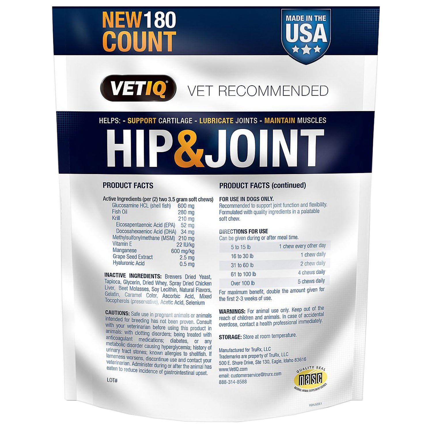 Branded VetIQ Hip & Joint Chews for Dogs, 180 ct. Pack of 1