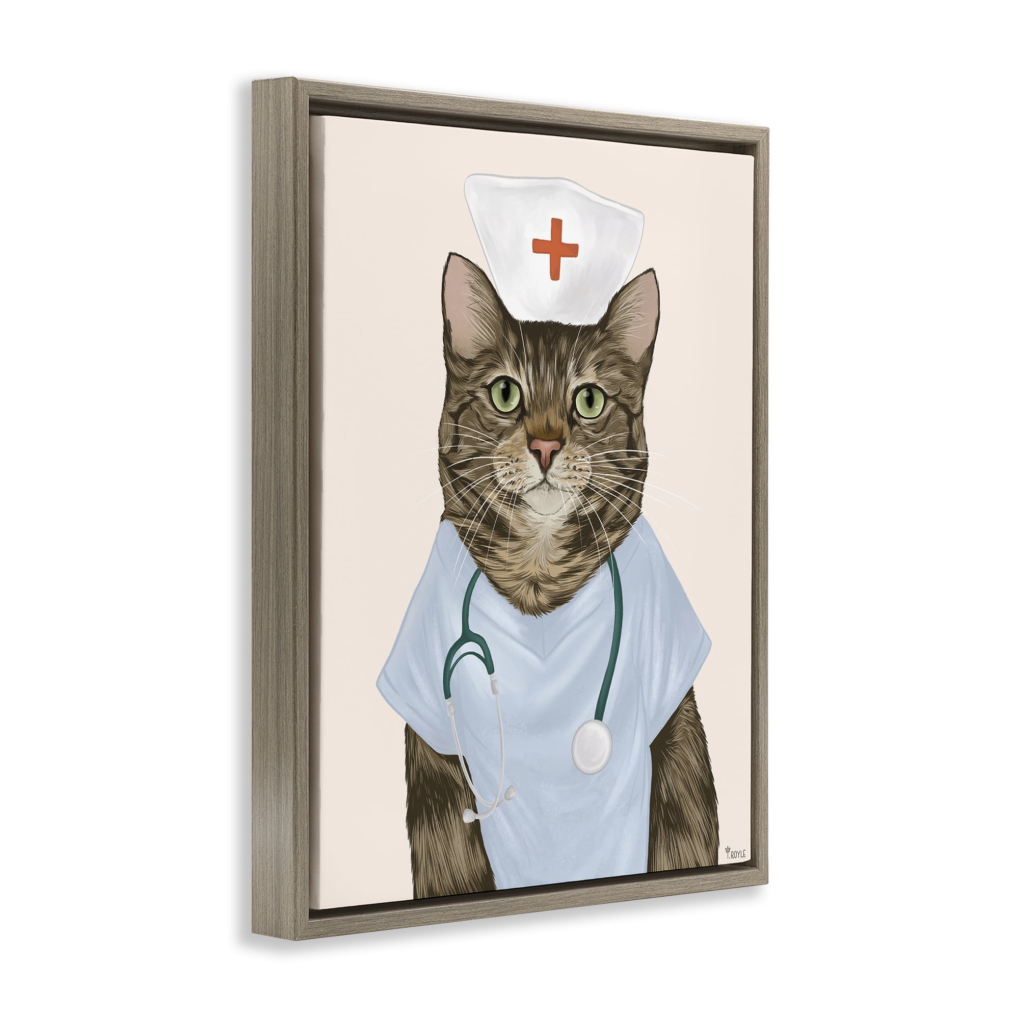Stupell Industries Nurse Doctor Cat Animals & Insects Painting Brown Floater Framed Canvas Art Print Wall Art, 25 x 31
