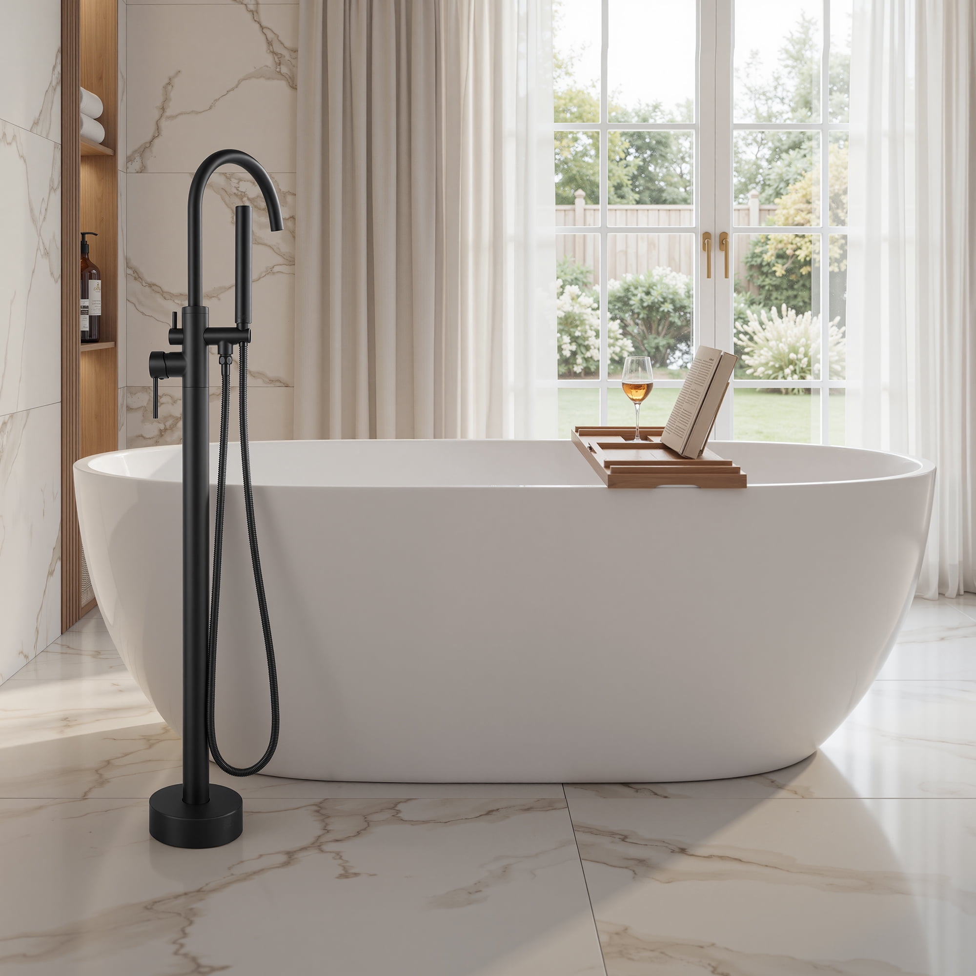 Free Standing Tub Faucet, High Flow Freestanding Bathtub Faucet with Handheld Shower & Gooseneck Spout, 360°Swivel Tub Filler, Brass Body, Matte Black