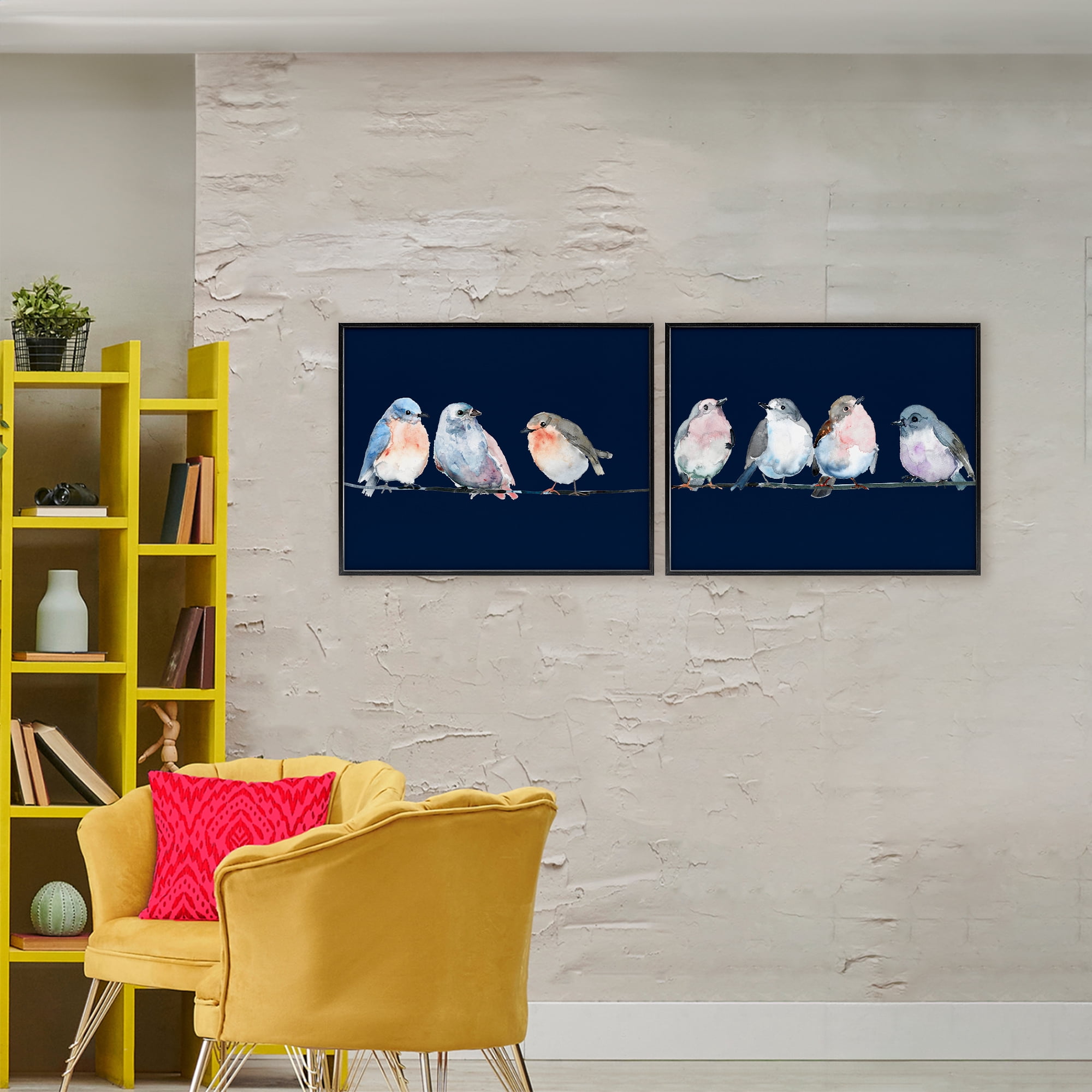 Stupell Industries Perched Navy Toned Birds 2 Piece Black Framed Giclee Art Set, design by Lorenzo Collective