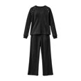 thumbnail image 5 of Large Size Hungry Ribbed Knitted Suit Women's Shoulder Button Decoration Long Sleeved Top Wide Leg Pants Two-Piece Set Black Xxl, 5 of 8