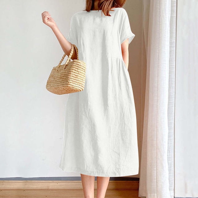 Amzcrzy Robes pour Femmes Robes Grande Taille pour Femmes aux Formes Robes pour Femmes Robe à Manches Courtes pour Femme Couleur Unie Col Rond Robe Ample en Coton Robes Décontractées pour Femmes