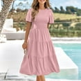 thumbnail image 2 of IROINNID Savings Wedding Guest Dresses for Women Evening Night Formal Fall Dress Sexy Summer Short Sleeve Round Neck Solid Color Pleated Dress Trendy A-Line Dress,Pink, 2 of 6