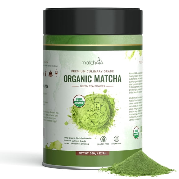 MatchAiA USDA-Certified Organic Matcha, 100% Pure Green Tea Powder, Premium Culinary Grade for Lattes, Smoothies, Desserts and Baking, Sugar Free, Gluten Free (350g / 12.3oz Tin Can)