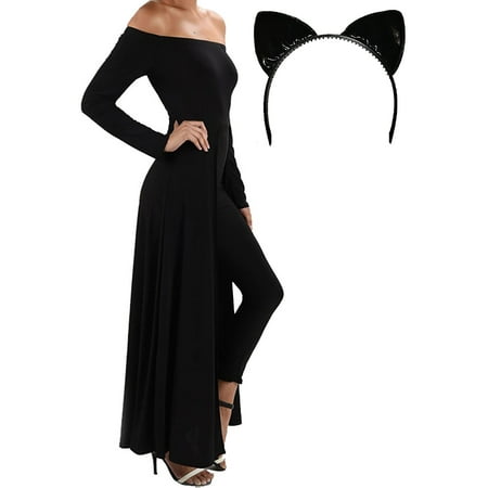 Funfash Halloween Costume Black Cape Catwoman Cat Ear Jumper Pants