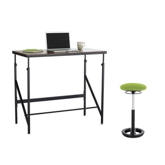 Safco Elevate 48W 2 Piece Office Set with Standing Desk in Brown and Backless Drafting Chair in Green